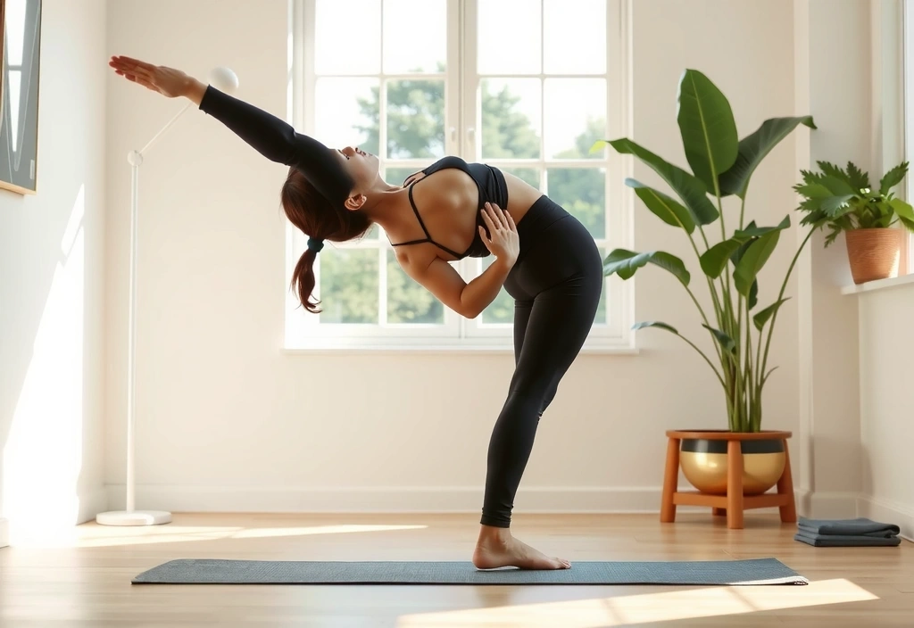 A person gracefully performing a yoga pose in a beautifully lit studio