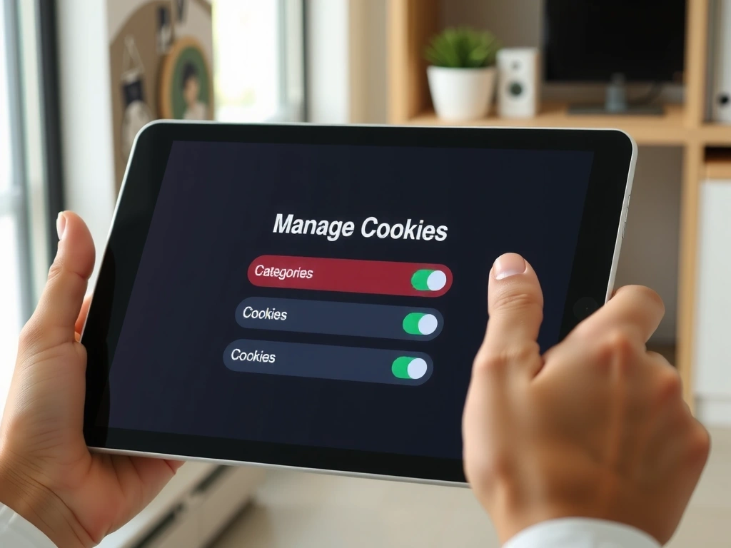 A person clicking a 'Manage Cookies' button on a tablet screen, symbolizing user control over privacy settings.