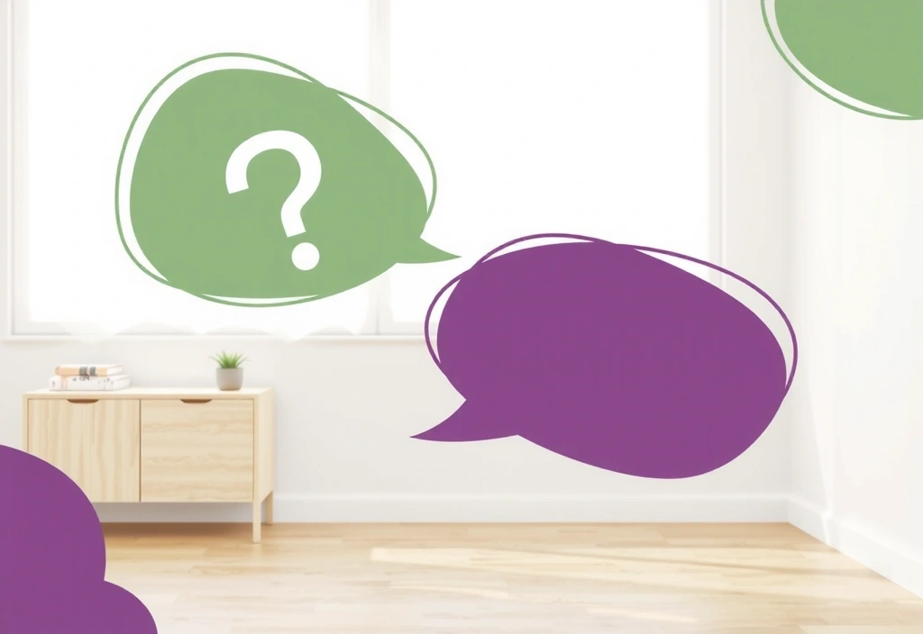 Abstract illustration of thought bubbles and speech bubbles, symbolizing questions and answers in a serene yoga setting.