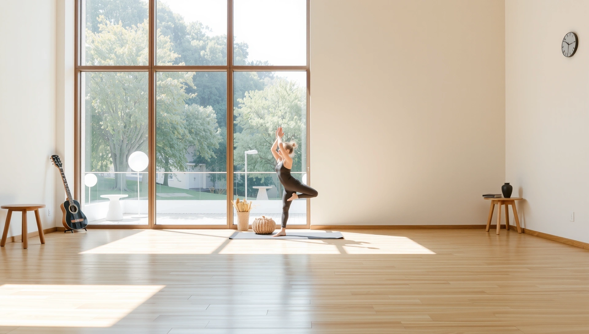 Serene yoga studio with natural light and a person in a peaceful yoga pose