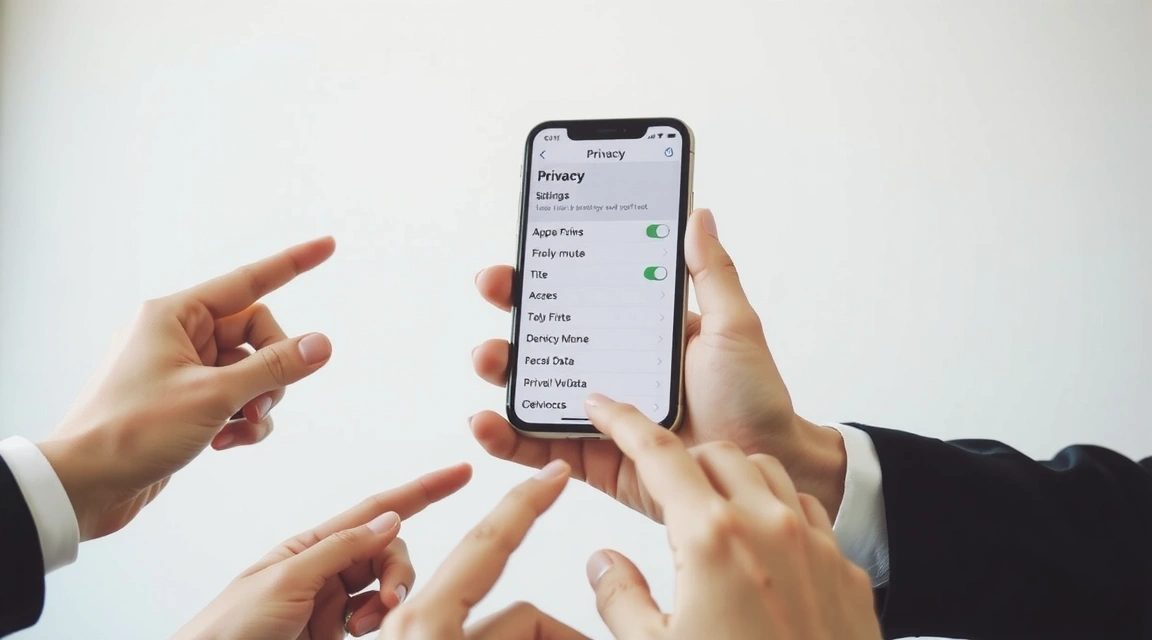 A hand holding a smartphone displaying privacy settings, with other hands reaching towards it metaphorically representing user control over data