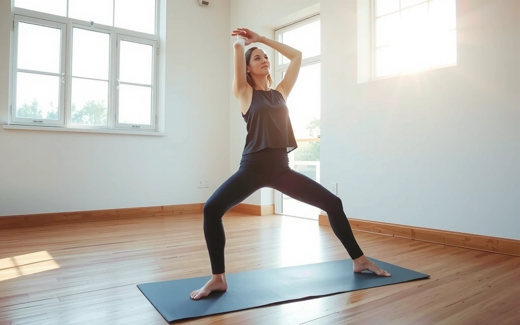 Yoga practitioner in a serene studio, demonstrating a flexible pose, illuminated by soft morning light.
