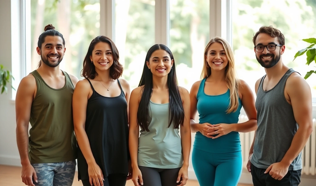Group of diverse yoga teachers smiling in a sunlit studio